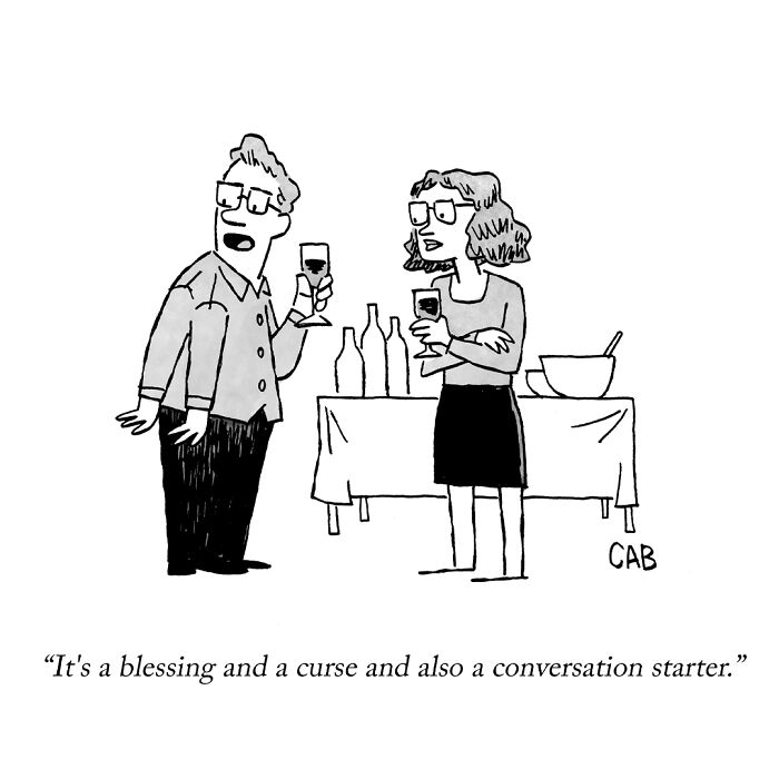 Cartoon of two people holding wine glasses at a party with conversation starter humor