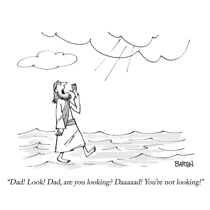 Cartoon of a man walking on water calling out to a distracted father figure