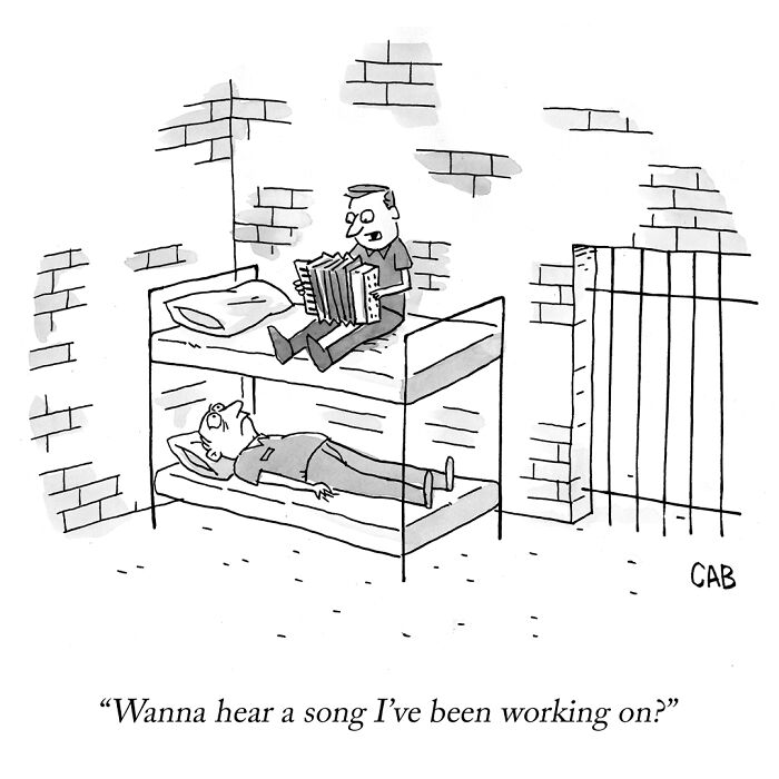 Cartoon of a prisoner playing accordion to another inmate on bunk bed