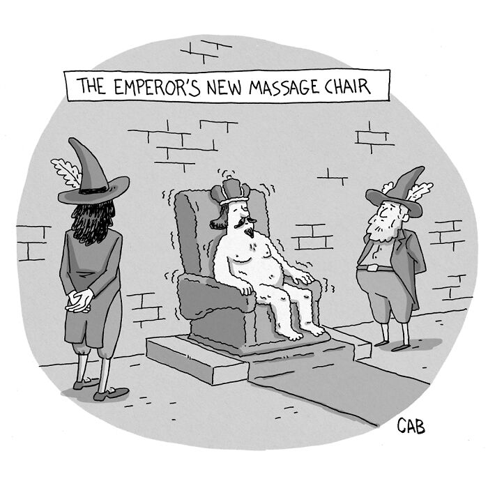 Cartoon titled The Emperors New Massage Chair with a naked emperor on a vibrating throne.