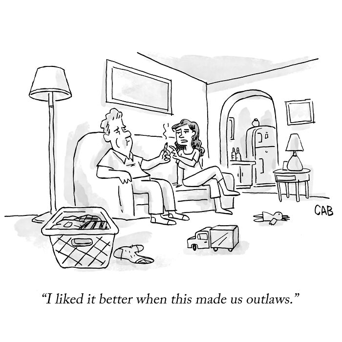 Cartoon of a couple sitting on a couch smoking, commenting on being outlaws humorously.