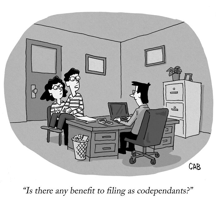 Cartoon of a couple asking a person at a desk about the benefits of filing as codependents.