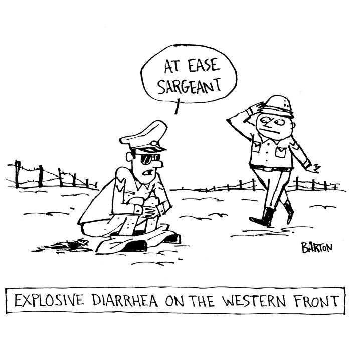 Cartoon of soldiers and explosive diarrhea on the Western Front in a humorous war cartoon by Mat Barton