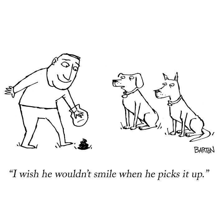 Cartoon of a man picking up dog p**p with dogs watching, expressed in a funny way