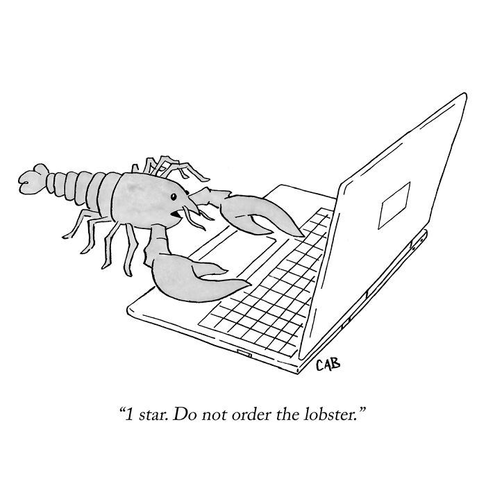 Cartoon of a lobster typing a bad online review warning not to order in funny Mat Barton cartoon
