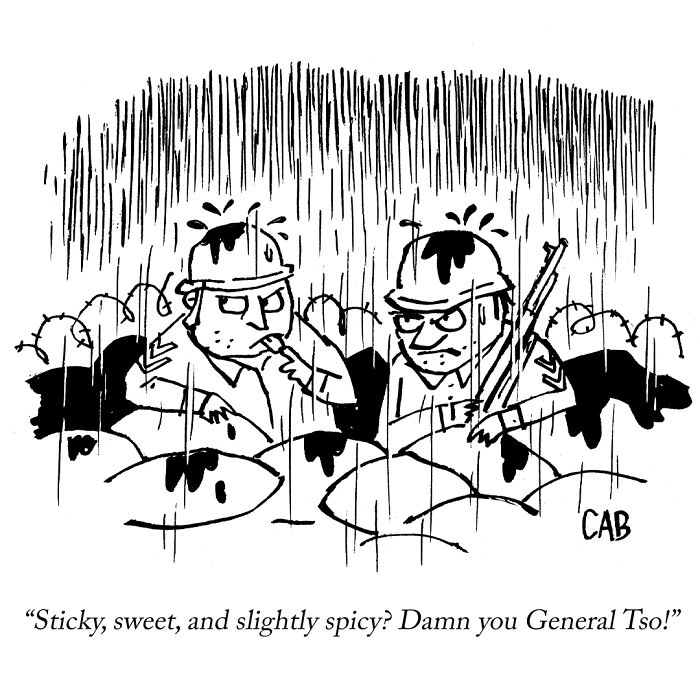 Cartoon of soldiers in a muddy trench referencing General Tso in a funny war cartoon by Mat Barton