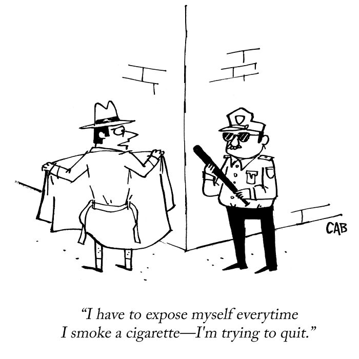 Cartoon showing a man exposing himself to a police officer in a humorous scene about quitting smoking.