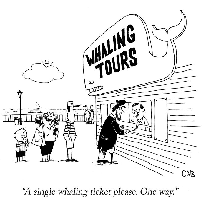 Cartoon of people buying tickets at a whaling tour booth with a whale sign in a Mat Barton cartoon