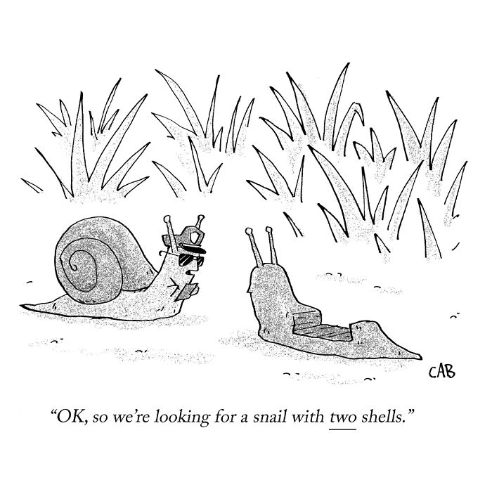 Cartoon showing a snail detective searching for a snail with two shells in a humorous scene