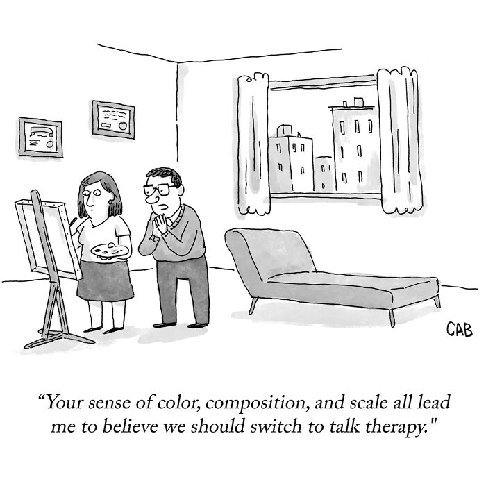 Cartoon of an art therapist suggesting talk therapy based on a patient's painting skills