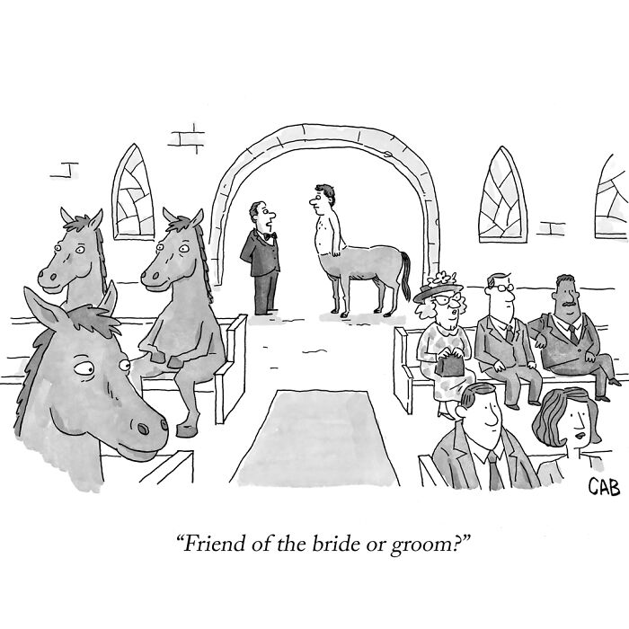 Cartoon depicting a centaur at a wedding, humorously asked if friend of bride or groom
