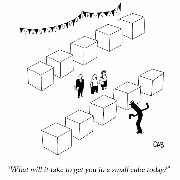 Absurd cartoon showing people observing a person stepping into a small cube in a surreal setting