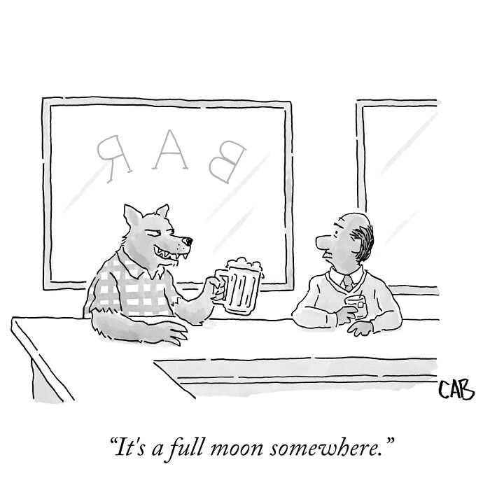 Cartoon of werewolf and man drinking beer at bar with full moon joke
