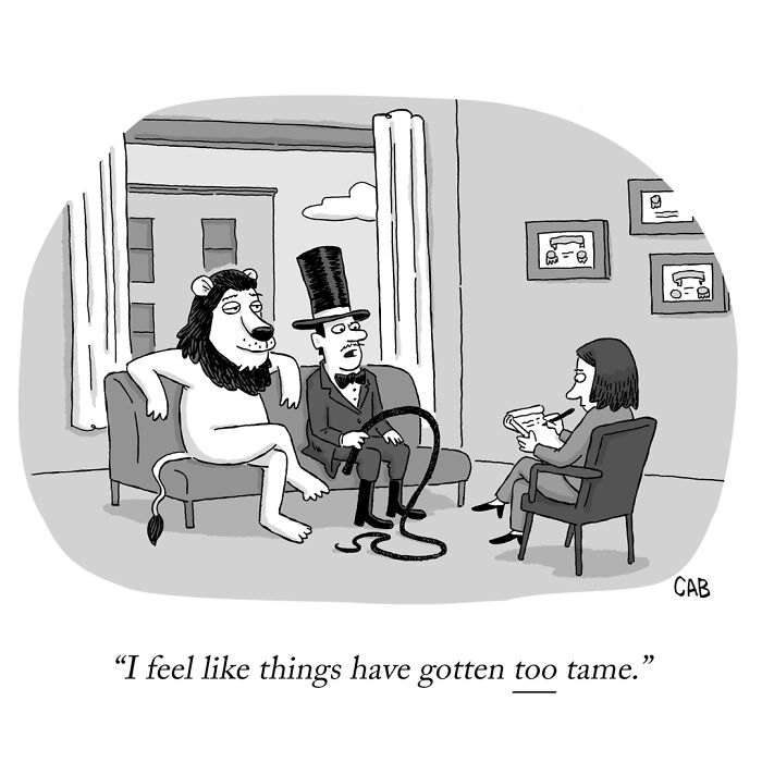 Cartoon of lion and man with whip in therapy session about tameness