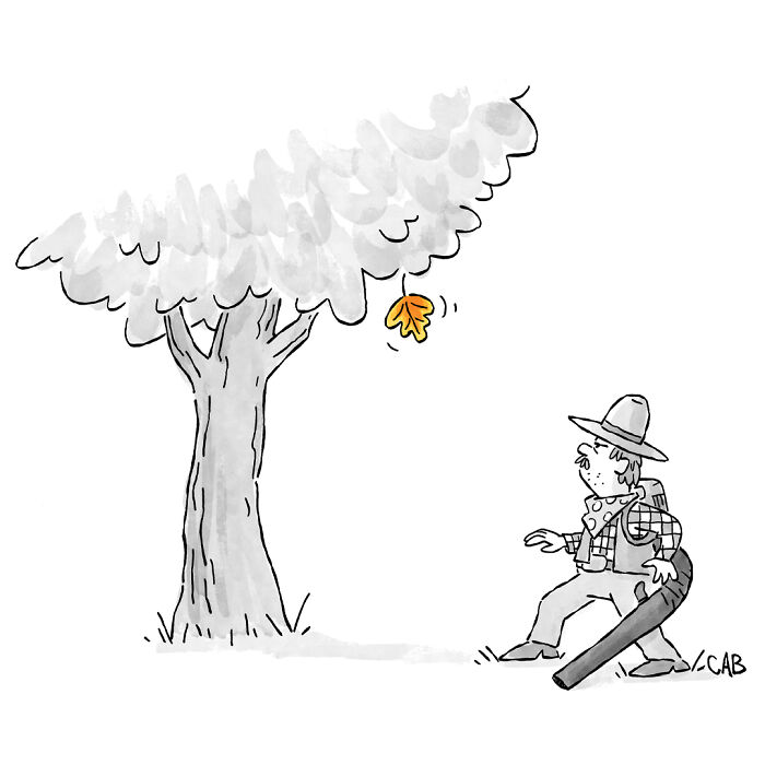Cartoon of man with leaf blower trying to blow a single falling leaf from tree