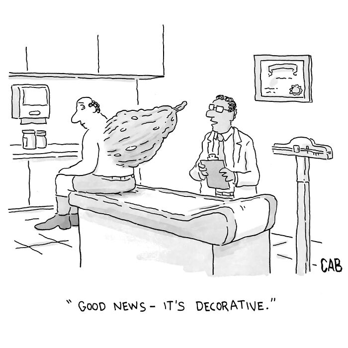 Cartoon of man with giant decorative growth on back at doctor appointment