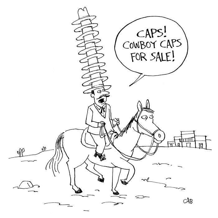 Cartoon of cowboy wearing stack of hats on horse selling cowboy caps