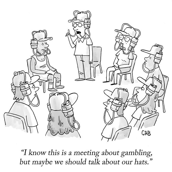 Cartoon of group meeting where all wear hats with drink holders, joking about hats and gambling