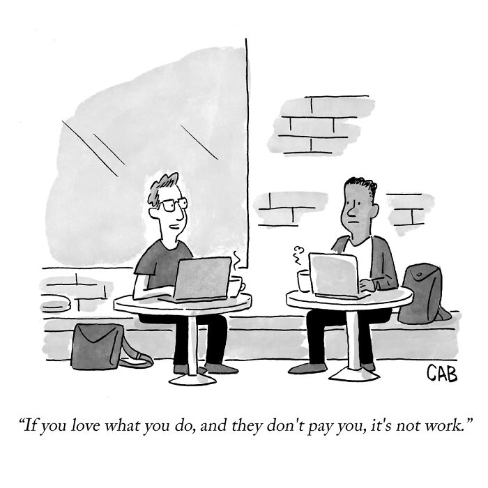 Cartoon of two men with laptops discussing work and pay in a coffee shop