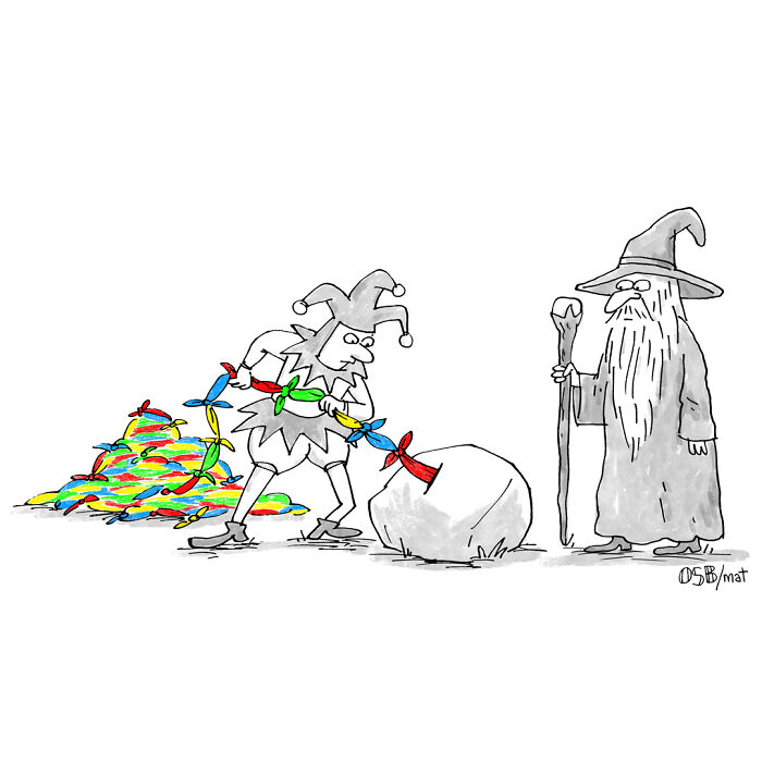 Cartoon jester using colorful pinwheels to push a rock beside a wizard