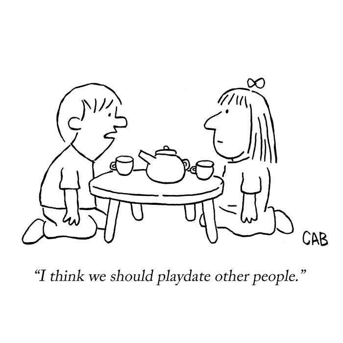 Cartoon of kids having a playdate with tea and caption about playdating other people