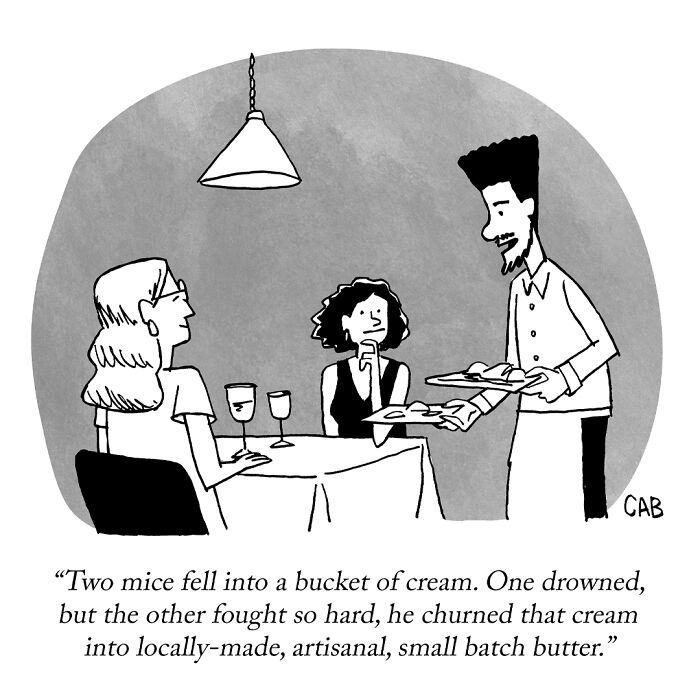 Cartoon of a waiter serving butter made from mice in a bucket of cream joke