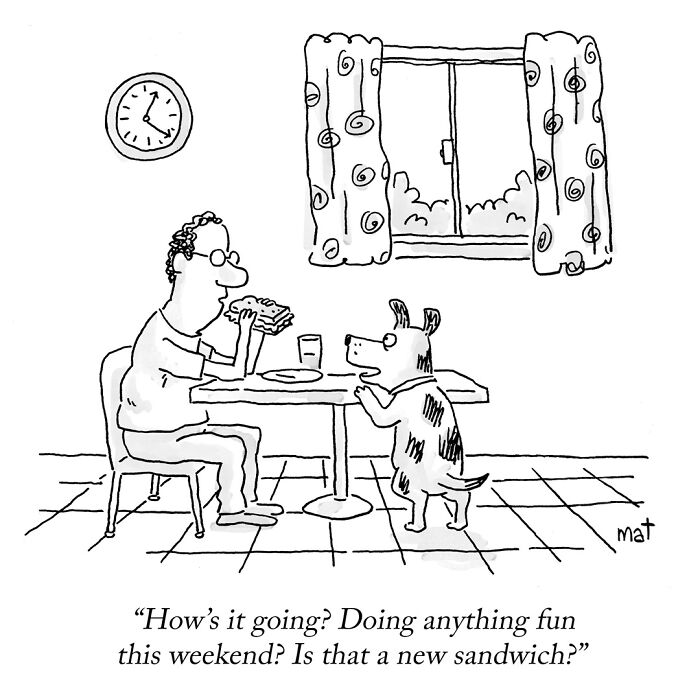Cartoon of man eating sandwich with a dog sitting at the table asking about the lunch