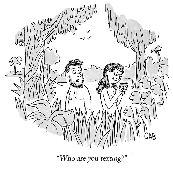 Cartoon of two people in nature with one texting and the other asking who they are texting