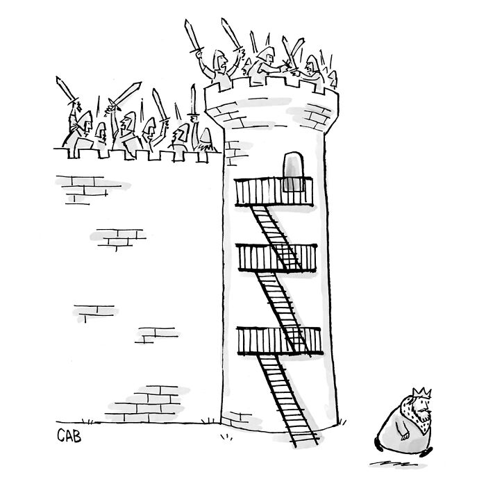 Absurd cartoon of medieval castle guards battling with swords and king walking away