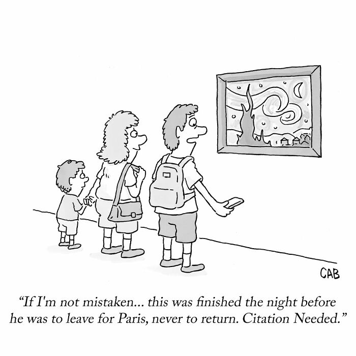 Cartoon showing family observing a painting with a humorous twist on citation needed