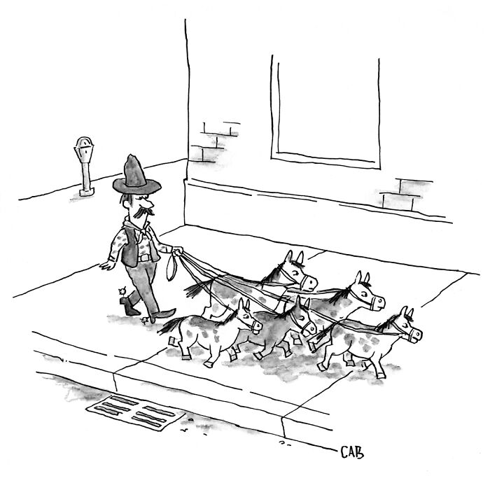 Cartoon of a man walking several horses and donkeys like dogs on a city sidewalk