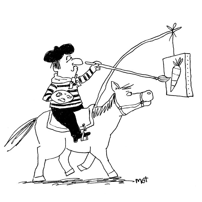 Cartoon of an artist riding a horse chasing a carrot tied to a stick