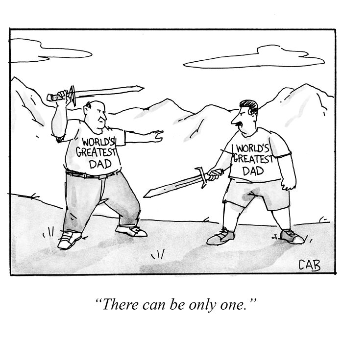 Cartoon of two men with world's greatest dad shirts sword fighting in a mountain setting