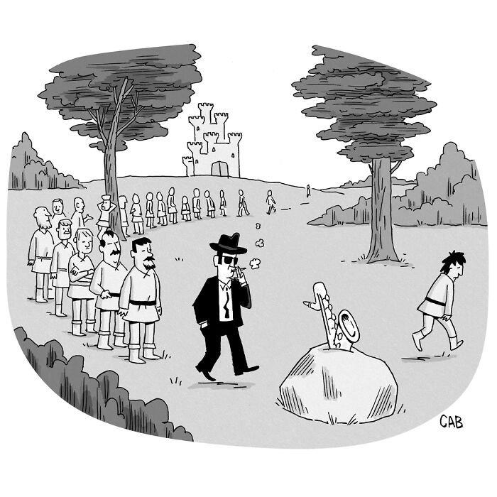 Cartoon showing a cigarette-smoking man walking away from a medieval line at a castle