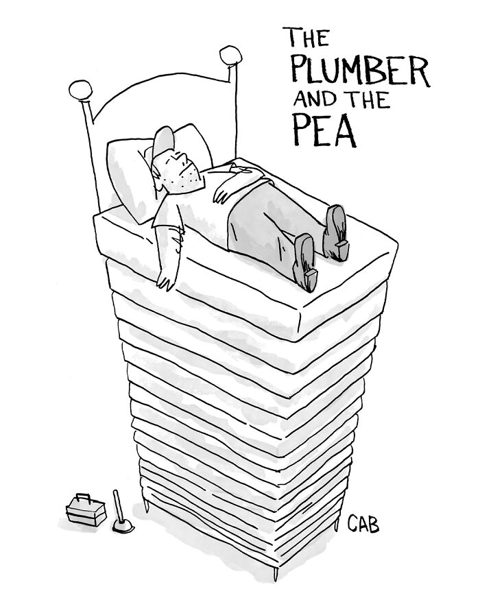 Cartoon of a plumber lying on a tall stack of mattresses with text plumber and the pea