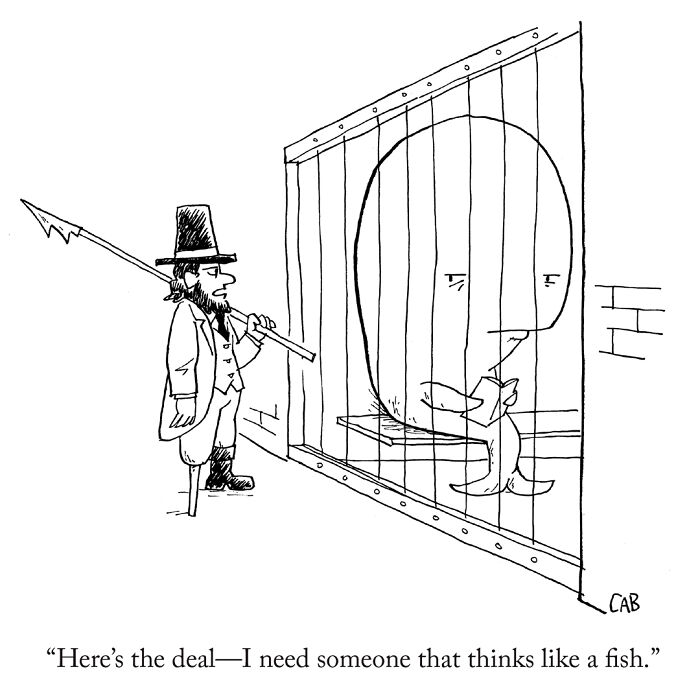 Cartoon of colonial guard and a large whale in a jail cell