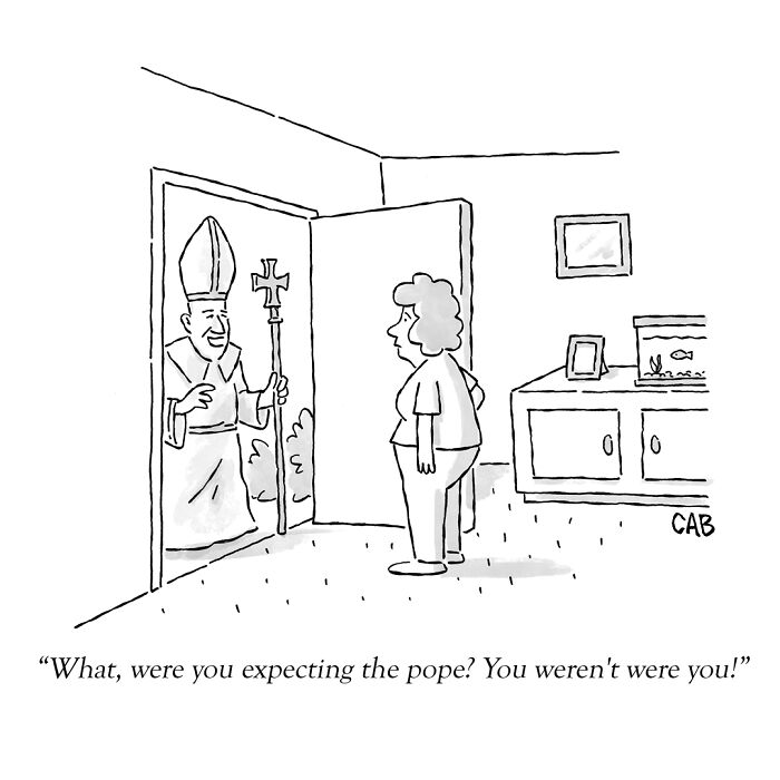Woman surprised by pope-like visitor at her door cartoon