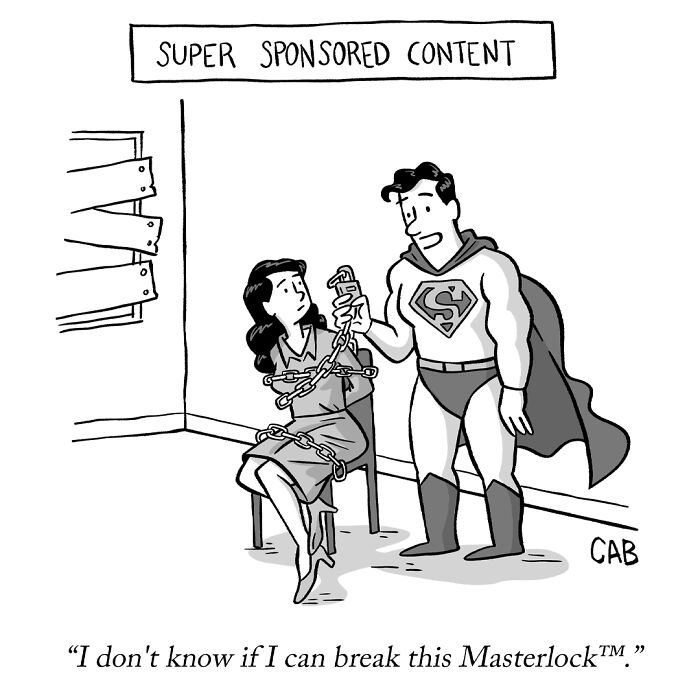 Superhero struggling to break chains labeled super sponsored content