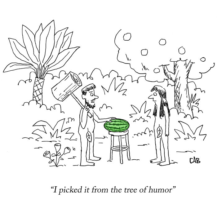 Cartoon of cavemen picking a watermelon from the tree of humor by Mat Barton