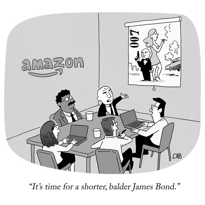 Amazon meeting discussing a shorter, balder James Bond in cartoon by Mat Barton