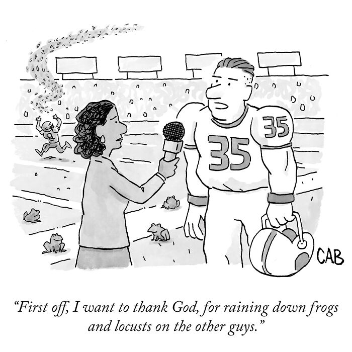Football player thanks God for raining frogs and locusts in cartoon by Mat Barton