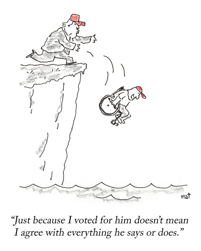 Cartoon of a man in a wheelchair being pushed off a cliff in a political absurd everyday situation cartoon.
