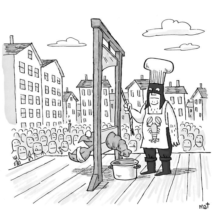 Cartoon of a chef in front of a guillotine in a crowd in a humorous everyday situation cartoon.