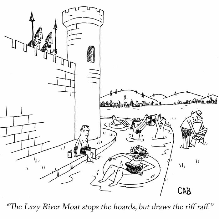 Medieval castle moat turned lazy river filled with relaxing people cartoon