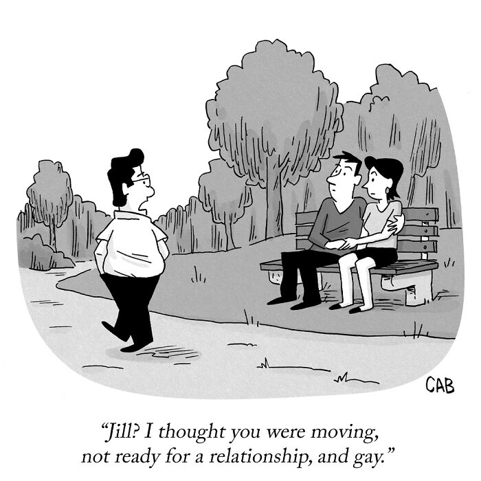 Cartoon couple surprised by a friend's unexpected life changes in a park