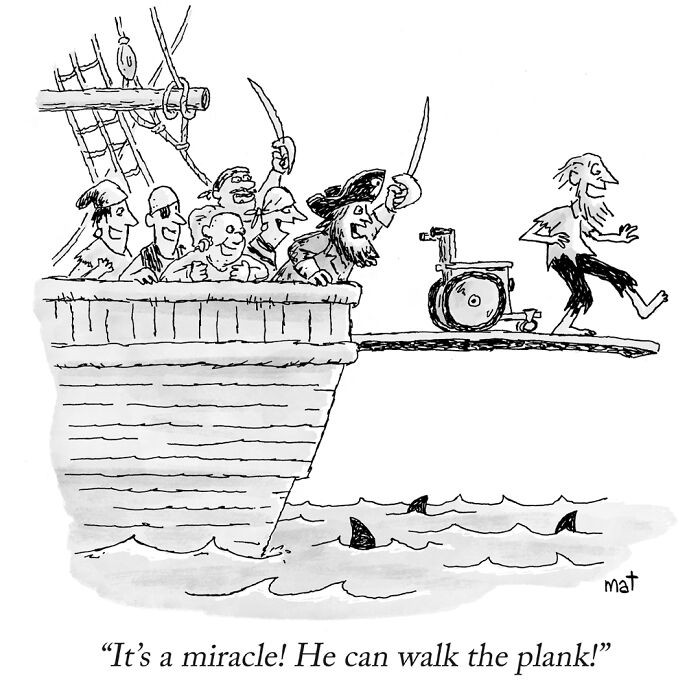 Pirate crew cheering as a man walks the plank in a humorous cartoon