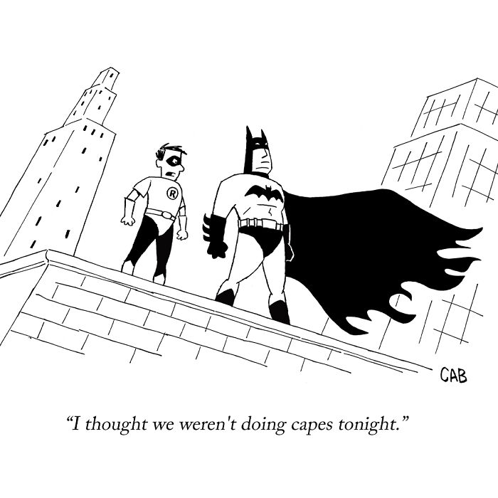 Cartoon of Batman and Robin debating wearing capes in absurd cartoon style