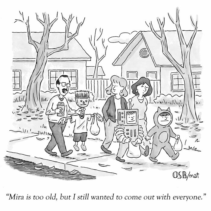 Cartoon of a family trick-or-treating with one child dressed as a robot