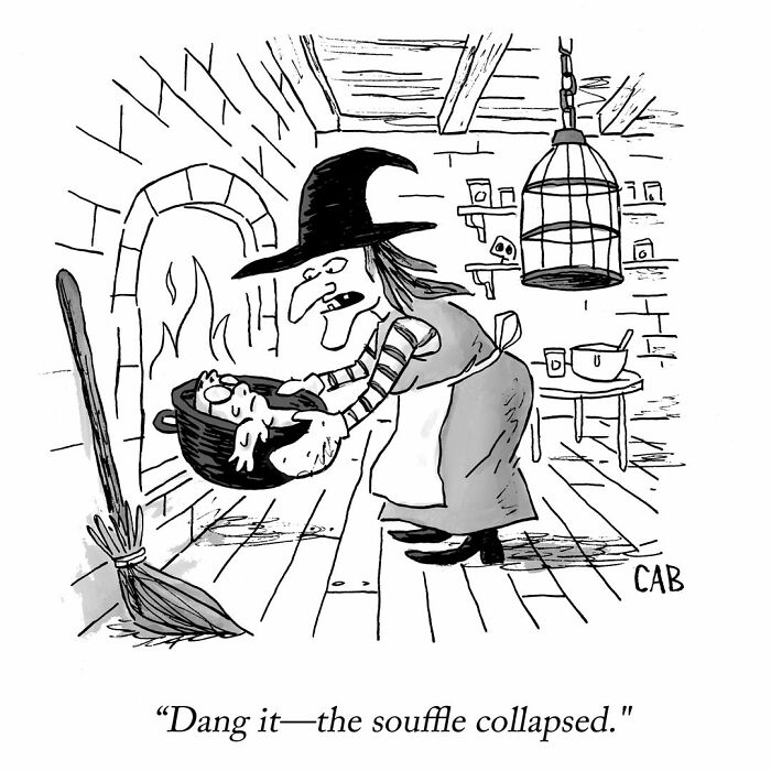 Cartoon depicting a witch disappointed as a souffle collapses in a cauldron