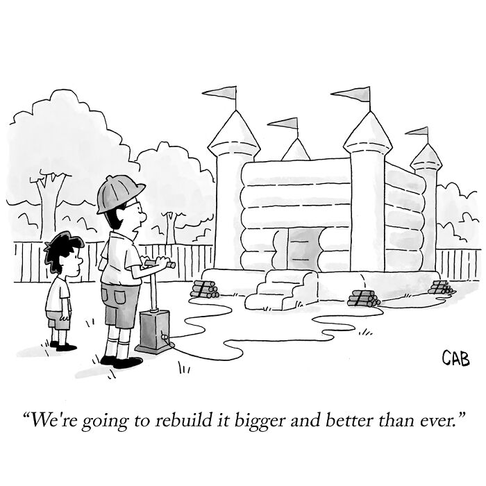 Cartoon showing a man inflating a bounce castle with a pump outdoors